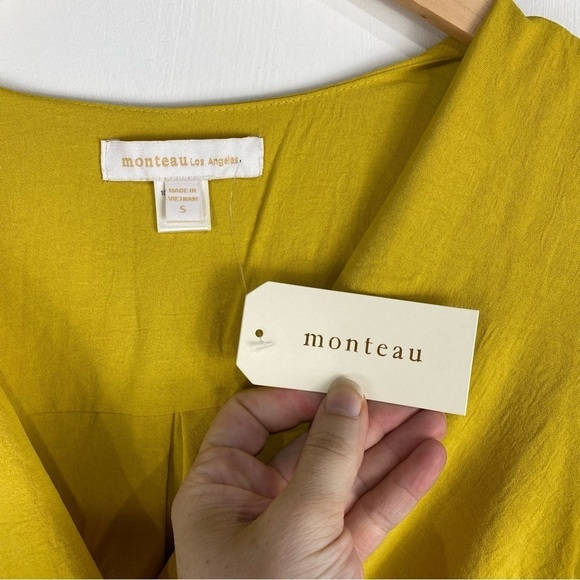 Monteau Faux Wrap Short Flutter Sleeve Summer Mini Dress Mustard Yellow (NWT) - Picture 3 of 5